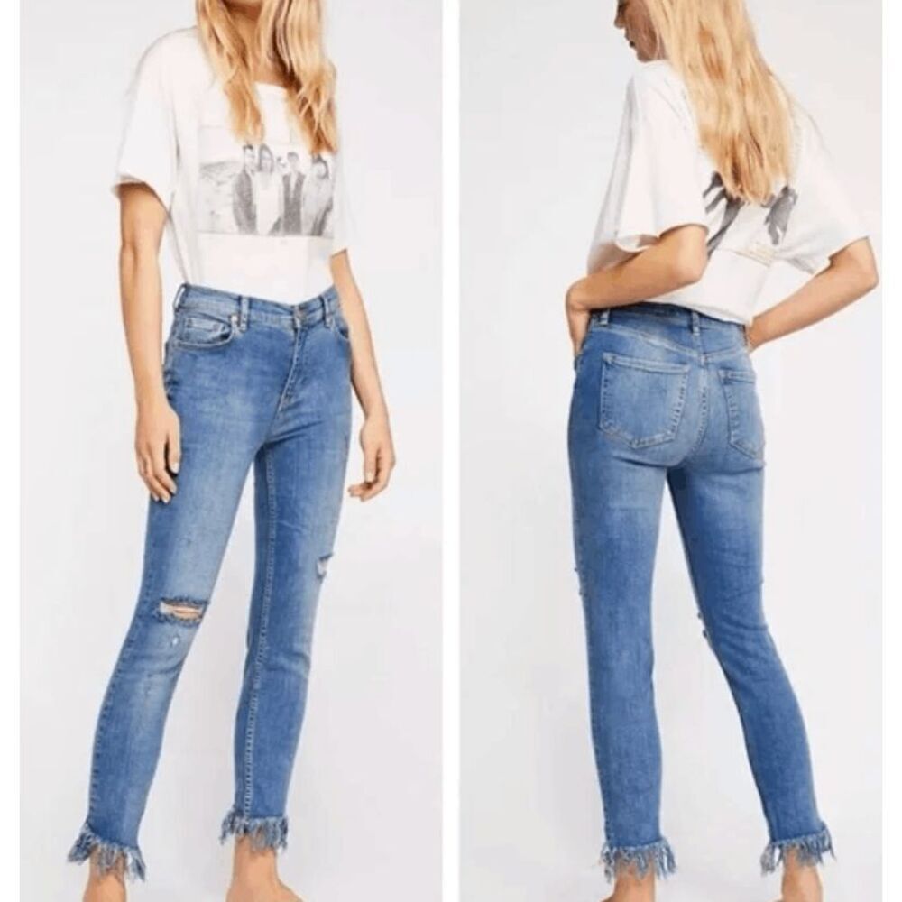 Free People High Rise Skinny Frayed Hem Jeans Distressed Medium‎ Wash Size 27
